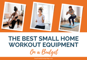 The best small home workout equipment on a budget with three pictures of ladies working out at home.