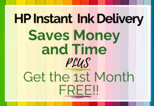 HP Instant Ink, colorful background promoting the benefits of the HP Instant Ink subscription to save money and time.