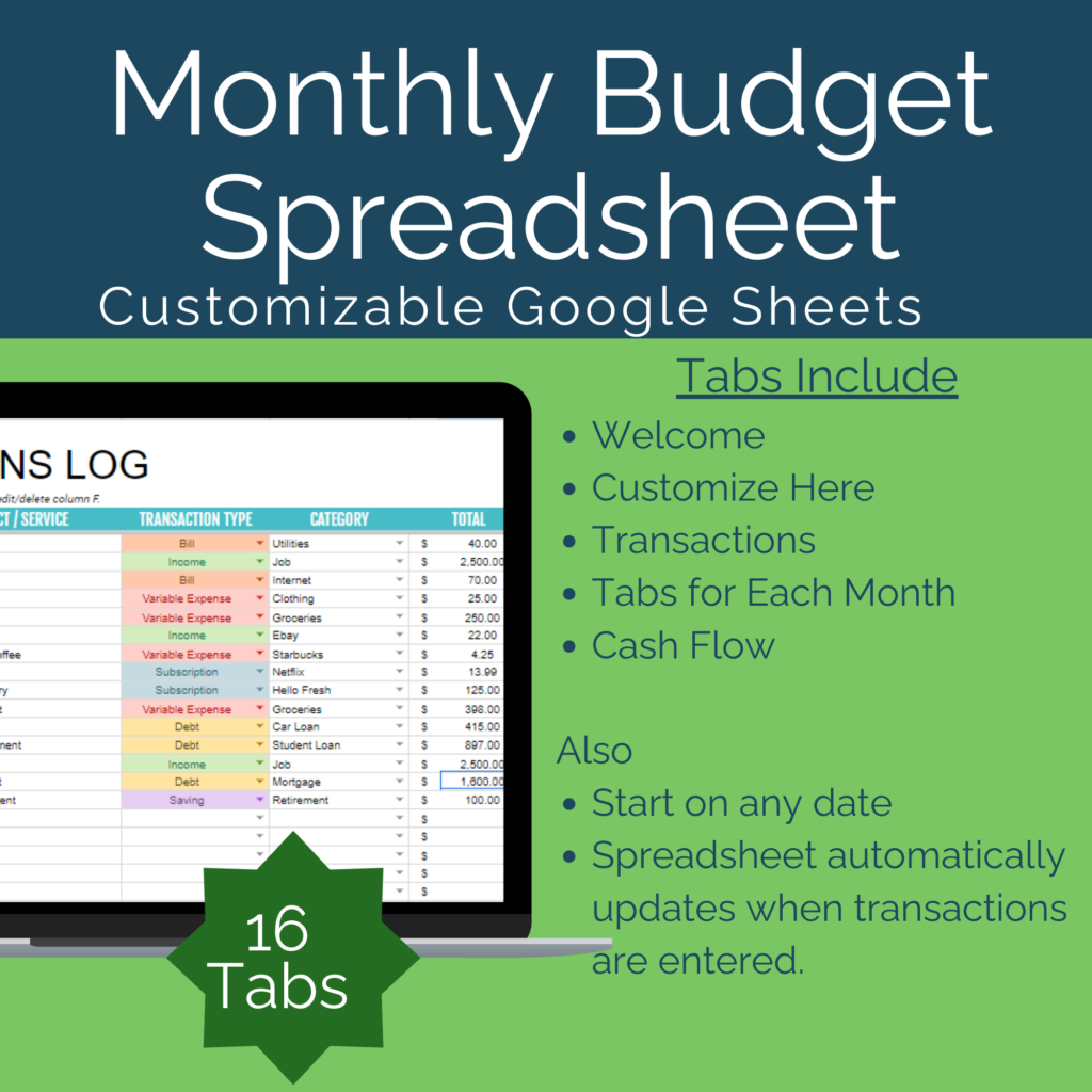 A customizable Monthly Budget Google Sheet is displayed, featuring a transactions log and various tabs for tracking monthly expenses and income.