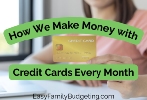 How we make money with credit cards every month text with woman in background holding credit card.