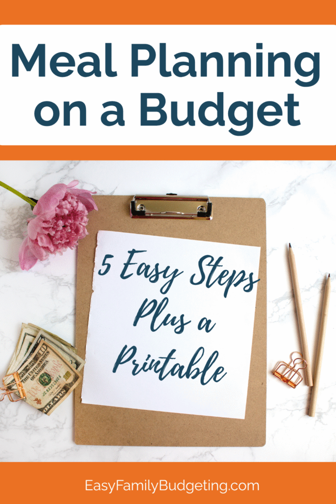 Meal Planning on a Budget: 5 Easy Steps Plus a Printable! Words on a clipboard surrounded by a clip of money, pencils, and a flower.
