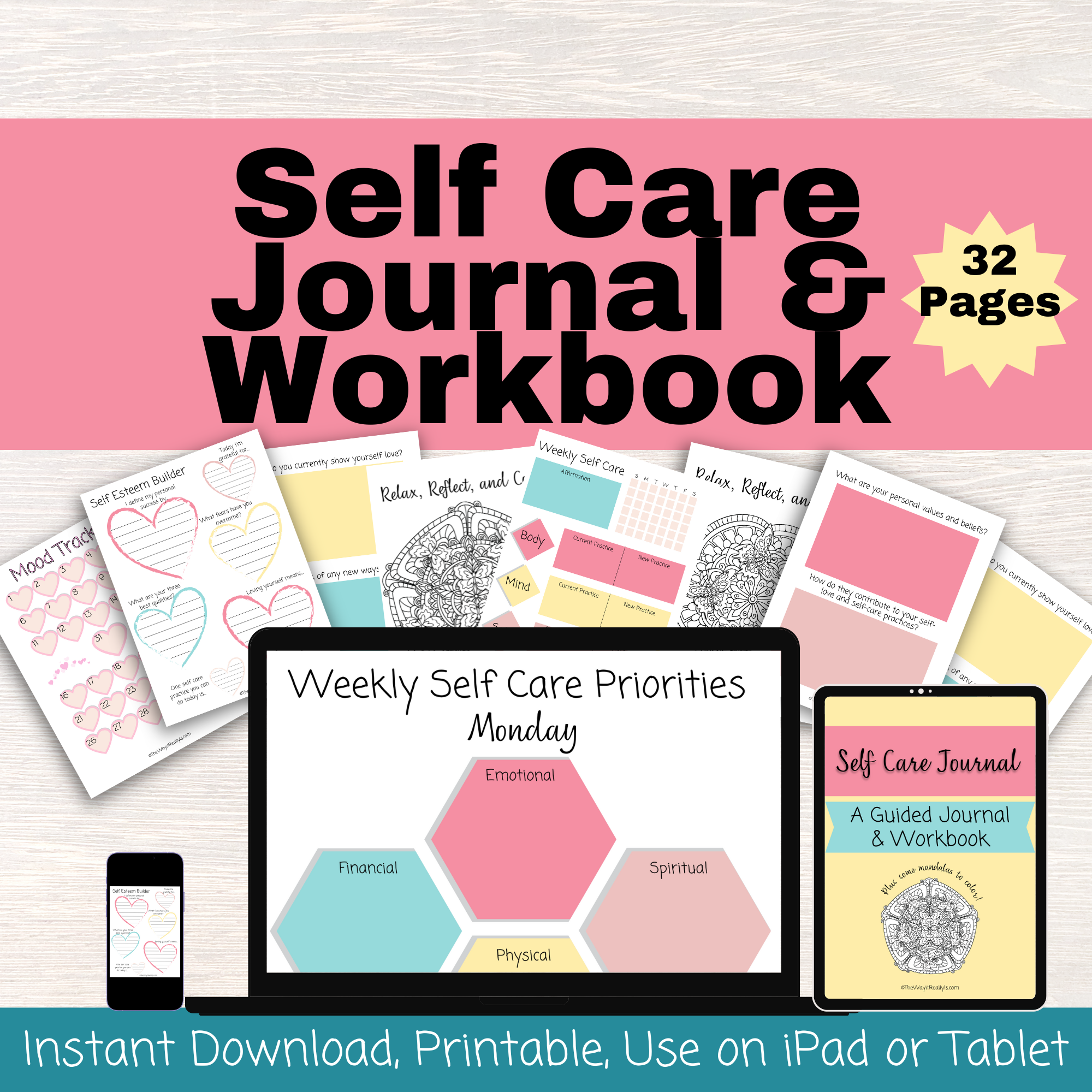 Self Care Journal and Workbook over 30 Pages, Use Digitally or Print